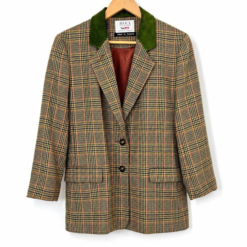 Avoca Ireland 100% Wool Plaid Tweed Blazer Green Collar Jacket Size S Women